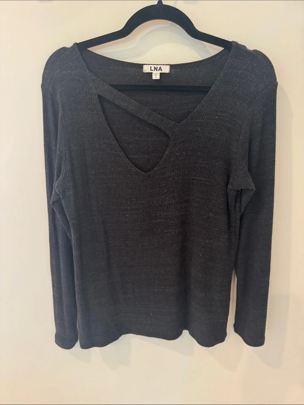 LNA Black Cross-Detail V-Neck Long Sleeve Top